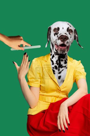 Photo for Dalmatian in yellow shirt, red skirt being pampered, doing nails on green background. Contemporary art collage. Concept of animal care, pet wellness, surrealism, grooming service. Nail salons - Royalty Free Image