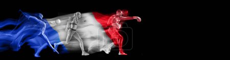 Photo for Athletes of different sports, box, run and gymnastics in motion, training on black background with flag of France element. Concept of professional sport, competition, tournament. Banner. Sport event - Royalty Free Image