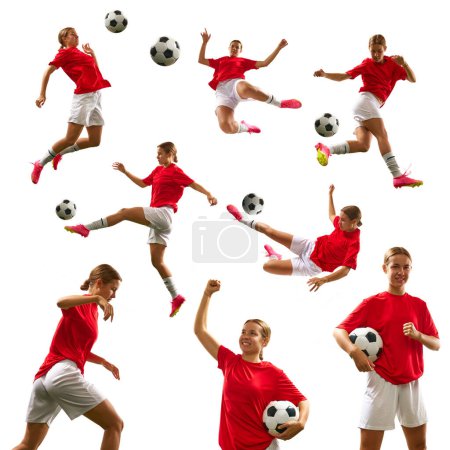 Foto de Collage. Joven futbolista femenina, futbolista en uniforme rojo en movimiento con balón durante el partido aislado sobre fondo blanco. Concepto de deporte, competición, torneo, acción, dinámica. Conjunto - Imagen libre de derechos