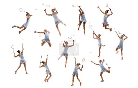Téléchargez les photos : Collage. Jeune femme, badminton jouant en mouvement avec raquette et volant isolés sur fond blanc. Concept de sport, compétition, tournoi, action, dynamique. Ensemble - en image libre de droit