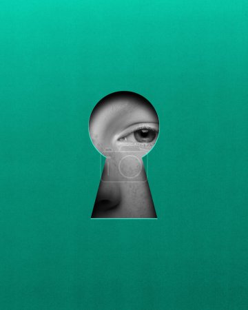 Photo for Desire for adventure. Female eye looking into keyhole on green background. Contemporary art collage. Conceptual design. Concept of creativity, abstract art, imagination and inspiration. - Royalty Free Image