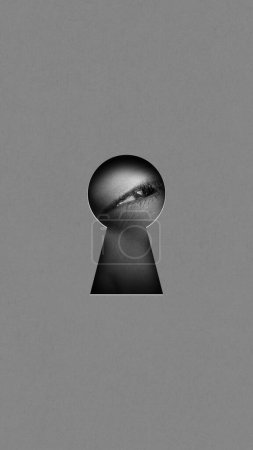 Photo for Male eye looking into keyhole on grey background symbolizing suspicion and mistrust. Contemporary art collage. Conceptual design. Concept of creativity, abstract art, imagination and inspiration. - Royalty Free Image
