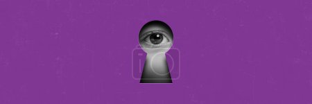 Photo for Little baby girl, kid looking into keyhole on purple background. Contemporary artwork. Innocence and sense of wonder about world. Conceptual design. Concept of creativity, abstract art, imagination - Royalty Free Image