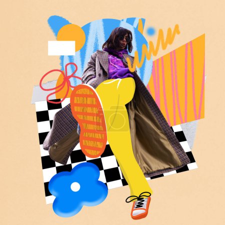 Photo for Trendsetter. Young woman showing confidence in her bright and colorful street style outfit. Contemporary art collage. Concept of modern fashion, creative, youth, style. Vibrant design - Royalty Free Image