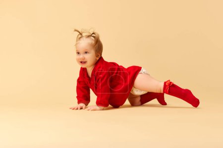 Téléchargez les photos : Petite fille, enfant à queue de cheval en robe rouge et chaussettes rampantes, jouant sur fond studio beige. Concept d'enfance, soins, santé, bien-être, parentalité - en image libre de droit