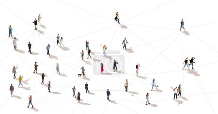 Photo for Aerial view on group of different people, men and women in motion, walking and using various gadgets, mobile phone and tablet, connected with line, isolated on white. Internet, communication, network - Royalty Free Image
