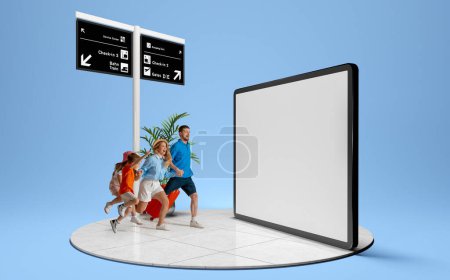 Photo for Happy young man, woman and children, family with suitcases running into 3D model of tablet with empty screen. Mobile travel app. Concept of business, Internet services, travelling, innovation - Royalty Free Image