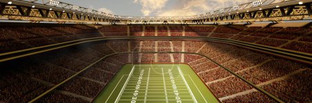 Photo for Aerial view of 3D render American football stadium with blurred tribunes with fans, empty arena. Daytime open air match. Concept of professional sport, event, tournament, game, championship - Royalty Free Image