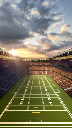 Téléchargez les photos : Vue aérienne. rendu 3D du stade vide de football américain en plein air avec tribunes floues avec ventilateurs et ciel nuageux. Jeu de jour. Concept de sport professionnel, événement, tournoi, jeu, championnat - en image libre de droit