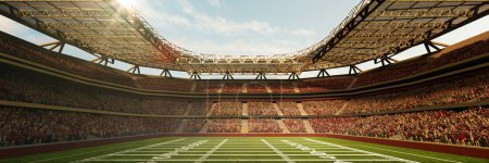 Téléchargez les photos : Rendu 3D du stade vide de football américain en plein air avec tribunes floues avec ventilateurs et ciel nuageux. Jeu de jour. Concept de sport professionnel, événement, tournoi, jeu, championnat - en image libre de droit