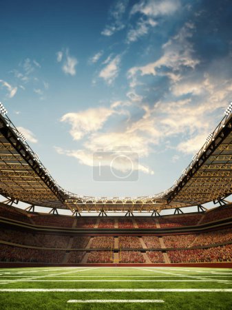 Téléchargez les photos : Rendu 3D du stade de football américain, arène en plein air avec tribune floue avec ventilateurs et ciel bleu au-dessus. Compétition extérieure. Concept de sport professionnel, événement, tournoi, jeu, championnat - en image libre de droit