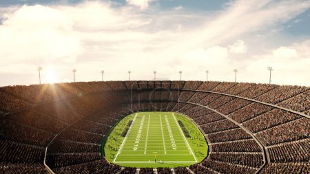 Photo for Aerial view on crowded tribune, American football stadium with team on filed. Open air arena with blue sunny sky. Daytime competition. Professional sport, event, tournament, game, championship concept - Royalty Free Image
