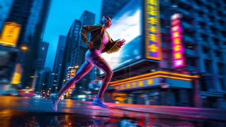 Foto de Mujer joven atlética en ropa deportiva y auriculares en movimiento, entrenamiento, corriendo por la calle urbana iluminada por coloridas luces de neón. Concepto de estilo de vida activo y saludable, deporte, hobby, motivación - Imagen libre de derechos