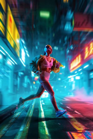 Photo for Fitness-conscious young woman in sportswear and headphones, running confidently along empty city street illuminated by neon lights. Concept of active and healthy lifestyle, sport, hobby, motivation - Royalty Free Image