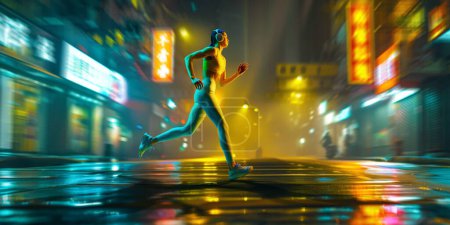 Photo for Energetic young woman in athletic attire enjoys evening run along city street with vibrant neon lights, embodying spirit of healthy lifestyle. Concept of active lifestyle, sport, hobby, motivation - Royalty Free Image