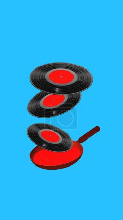 Photo for Creative designing surreal style with frying pan and vinyl records on blue background. Creative process of music creation. Contemporary artwork. Concept of surrealism, pop art, creativity, imagination - Royalty Free Image