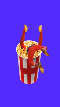 Photo for Male and female legs sticking out popcorn basket. Contemporary art collage. Leisure activity, romantic date and movie industry. Concept of surrealism, pop art, creativity, imagination. - Royalty Free Image