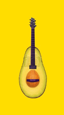 Photo for Half of avocado in shape of guitar on bright yellow background. Contemporary art. Artistic reinterpretation, playful twist of food and music. Concept of surrealism, pop art, creativity, imagination. - Royalty Free Image
