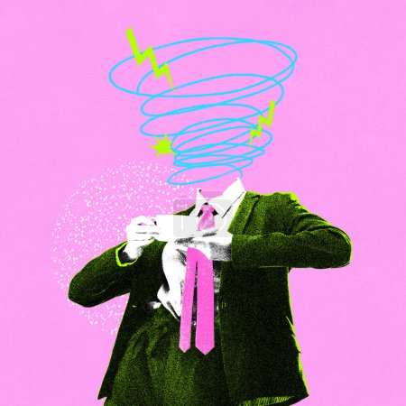 Photo for Creative image of person in suit and doodle art over head drinking coffee. Contemporary art collage. Creative mind at work. Surrealism, business, creativity, innovation, brainstorming. Poster, ad - Royalty Free Image