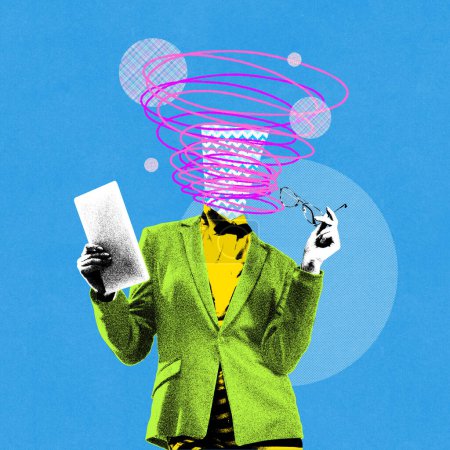 Photo for Project manager in green jacket and doodles over head checking projects, working on tasks. Contemporary art collage. Concept of surrealism, business, creativity. Poster, ad. Urban magazine style - Royalty Free Image