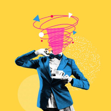 Photo for Female in blue jacket with coffee and doodles over head on pink background. Energy for work and ideas generation. Contemporary art. Concept of surrealism, business, creativity. Urban magazine style - Royalty Free Image