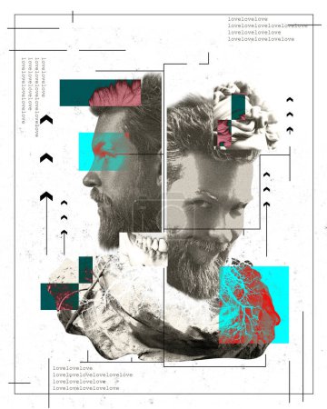 Photo for Bearded man with abstract shapes, body elements, and love text. Monochrome and color mix. Conceptual art. Mental health. complexity of human emotions. Concept of psychology, science, creative poster - Royalty Free Image