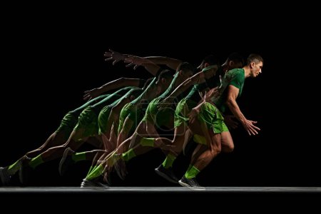 Photo for Dynamic image of muscular man, athlete in motion, showing strength and agility, running against black background with stroboscope effect. Concept of sport, active and healthy lifestyle, endurance - Royalty Free Image