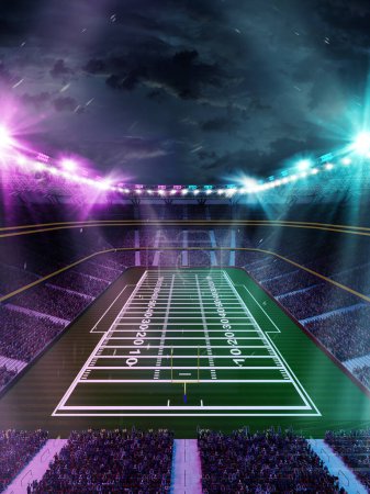 Téléchargez les photos : Vue aérienne du stade de football américain en plein air rendu 3D avec tribunes floues avec ventilateurs, arène vide avec éclairage au néon. Concept de sport professionnel, événement, tournoi, jeu, championnat - en image libre de droit