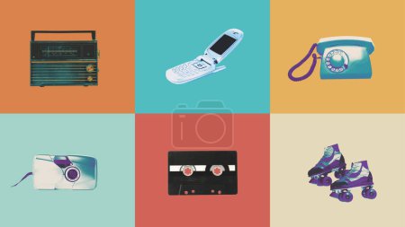 Photo for Colorful collage in retro palette of various old-fashioned items, boombox, mobile phone, landline phone, camera, cassette and roller skates. Concept of retro and vintage. creativity, minimalism - Royalty Free Image