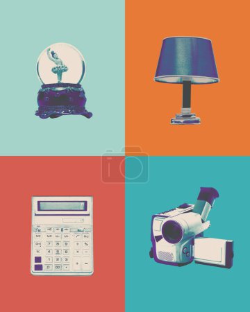 Colorful collage in retro palette of various old-fashioned items, snow glow, lamp, calculator and video camera. Mosaic artwork. Concept of retro and vintage. creativity, minimalism