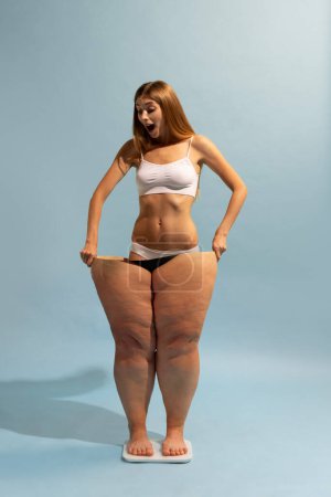 Before and after. Happy young girl celebrating successful and healthy weight loss. Slim upper body and oversized legs. Conceptual design. Concept of weight-loss, sport and healthy eating