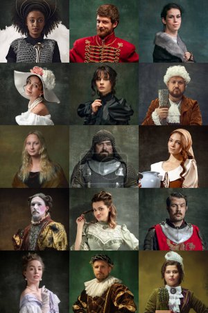 Glimpse into medieval world. Portrait of men and women, medieval royal people, warriors, knights on dark vintage background. Concept of comparison of eras, retro and vintage, history. Creative collage