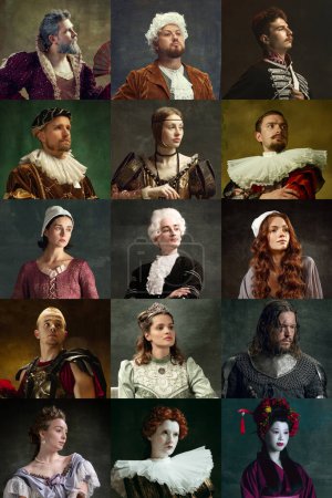 Middle ages history. Portrait of men and women, royal people in period attire against vintage green background. Comparison of eras, modernity and renaissance, baroque style concept. Creative collage