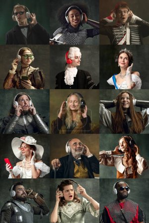 Different medieval men and women, famous people listening to music in modern headphones against dark background. Comparison of eras, modernity and renaissance, baroque style concept. Creative collage