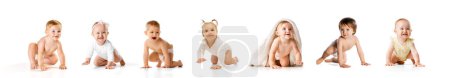 Photo for Collage made of different cute babies, little boys and girls, children in diaper smiling isolated on white background. Concept of childhood, health care, baby emotions, growth - Royalty Free Image