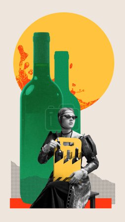 Elegant young woman in vintage attire and sunglasses sitting with wine bottles against light background with abstract design elements. Contemporary art. Creativity, comparison of eras, surreal concept