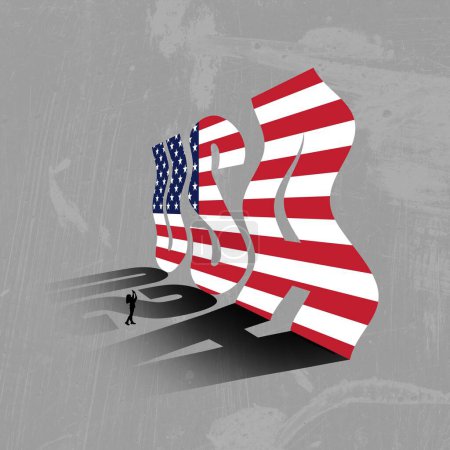 Photo for Little human silhouette taking photo of giant letters forming word USA with shadows and national flag print. Contemporary art. Concept of Independence Day of America, history, 4th of July, holiday - Royalty Free Image