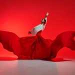 Passionate woman, flamenco dancer in stylish costume with skirt spreads like wings, performing against vivid red background. Concept of art of movement, classical dance, beauty, festival