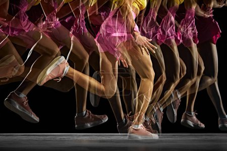 Cropped image of athletic, muscular female legs in motion, running against black background with stroboscope effect. Pursuit of excellence. Concept of sport, active and healthy lifestyle, endurance
