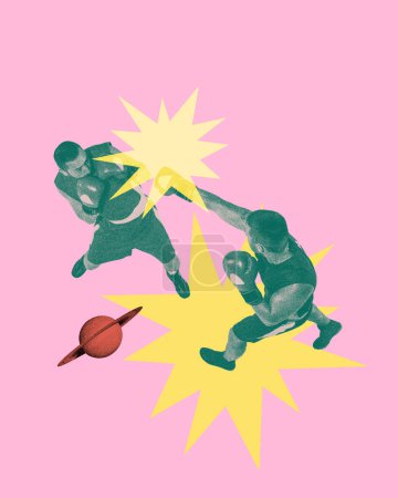 Foto de Dos hombres musculosos, atletas de boxeo en movimiento, luchando sobre fondo rosa con elementos de diseño abstractos. Arte creativo. Concepto de deporte profesional, competición y partido, dinámica. Póster, anuncio - Imagen libre de derechos