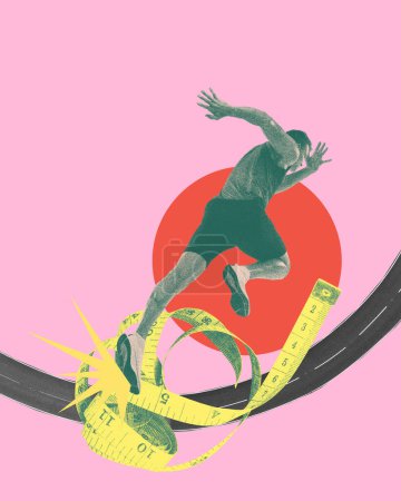 Photo for High speed. Contemporary art collage with young muscular man, professional athlete training, running over pink background with abstract design elements. Concept of sport, competition, action, motion - Royalty Free Image