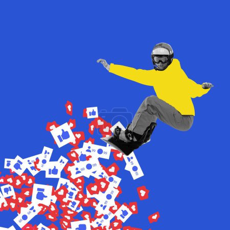 Téléchargez les photos : Snowboarder en veste jaune surfant sur la vague d'icônes des médias sociaux. Collage d'art contemporain. Popularité Internet. Concept de médias sociaux, technologies modernes, surréalisme. Design créatif - en image libre de droit