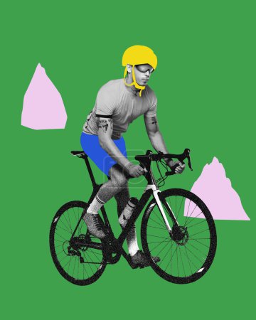 Téléchargez les photos : Homme sportif, cycliste en casque, à vélo sur fond vert. Collage d'art contemporain. Concept de sport, mode de vie actif et sain, compétition, passe-temps - en image libre de droit