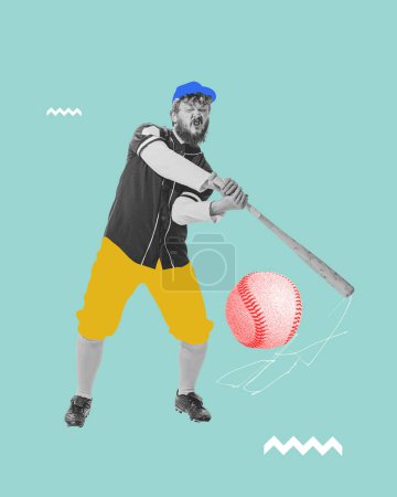 Foto de Joven enfocado, jugador de béisbol golpeando pelota con bate contra fondo de menta. collage de arte contemporáneo. Diseño creativo. Concepto de deporte profesional, competición, logro, movimiento. Cartel - Imagen libre de derechos