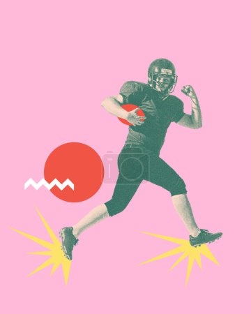 Téléchargez les photos : Homme concentré et compétitif, footballeur américain qui court avec un ballon sur fond rose. Collage d'art contemporain. Concept de sport professionnel, compétition, réalisation, mouvement. Affiche - en image libre de droit