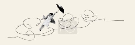 Photo for Elegant young woman flying with umbrella in direction to unknown. Following inner feelings and thoughts. Contemporary art. Psychology, inner world, mental health, feelings. Conceptual design. Line art - Royalty Free Image