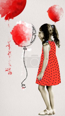 Téléchargez les photos : Petite fille en robe, enfant dessinant des ballons à air rouge. Imagination, joie et rêves. Collage d'art contemporain. Concept de Happy Childrens jour, vacances, enfance, célébration - en image libre de droit