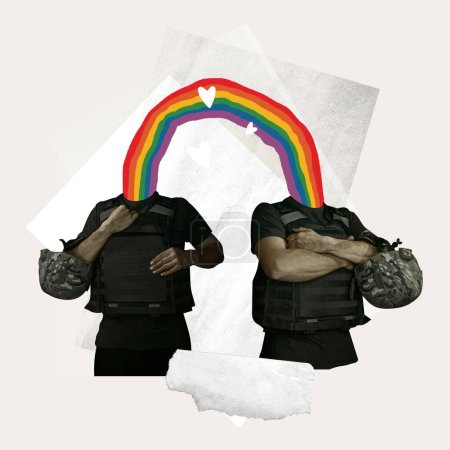 Photo for Armed with pride. Two military men connecting with rainbow presence and acceptance of LGBTQIA. Contemporary art collage. Concept of LGBT, equality, pride month, support, love, human rights, event - Royalty Free Image