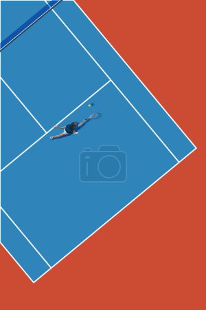 Photo for Aerial view on blue tennis court with competitive young woman, tennis player in motion with racket, practicing. Creative collage. Concept of sport, game, competition, tournament. Minimal poster - Royalty Free Image