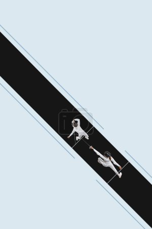 Photo for Aerial view on two fencing athletes in full uniform with swords practicing. Concentrated and focused players. Creative collage. Concept of sport, game, competition, tournament. Minimal poster - Royalty Free Image
